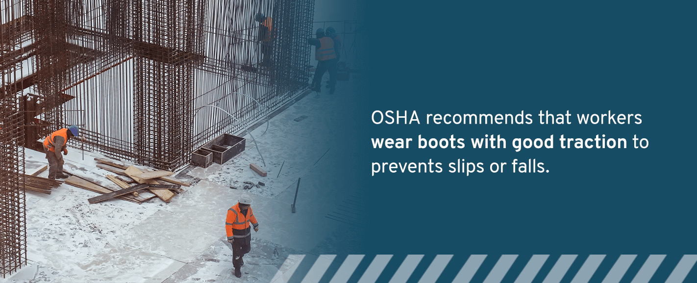 OSHA recommends that workers wear boots with good traction to prevents slips or falls as well as taking short steps in order to increase reaction time.